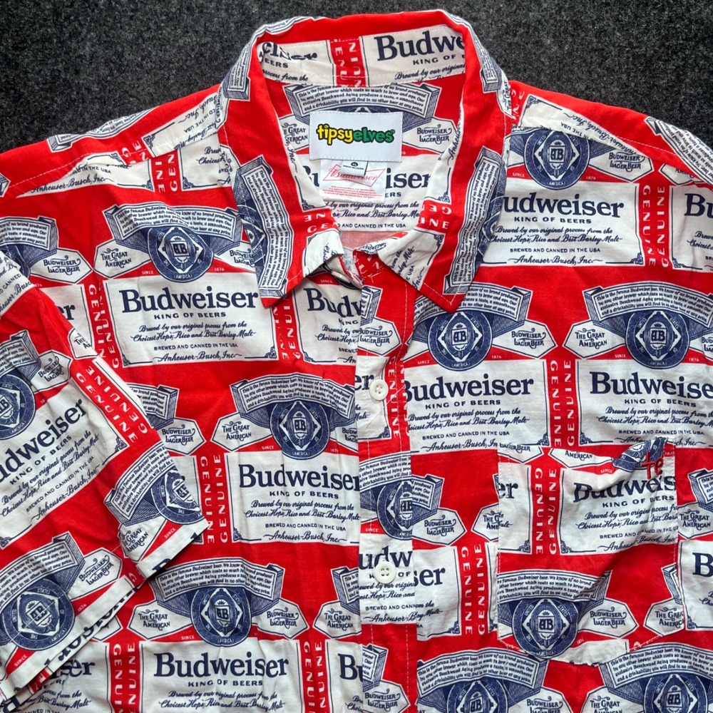 Tipsy Elves Budweiser Shirt Mens XL Red Excellent All Over Label Print
